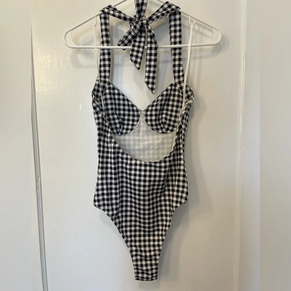 Princess Polly June Gingham Bodysuit Halter Tie Black White Check
